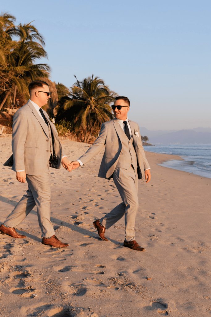 Newly married couple. Brad and Mike, on a beach.